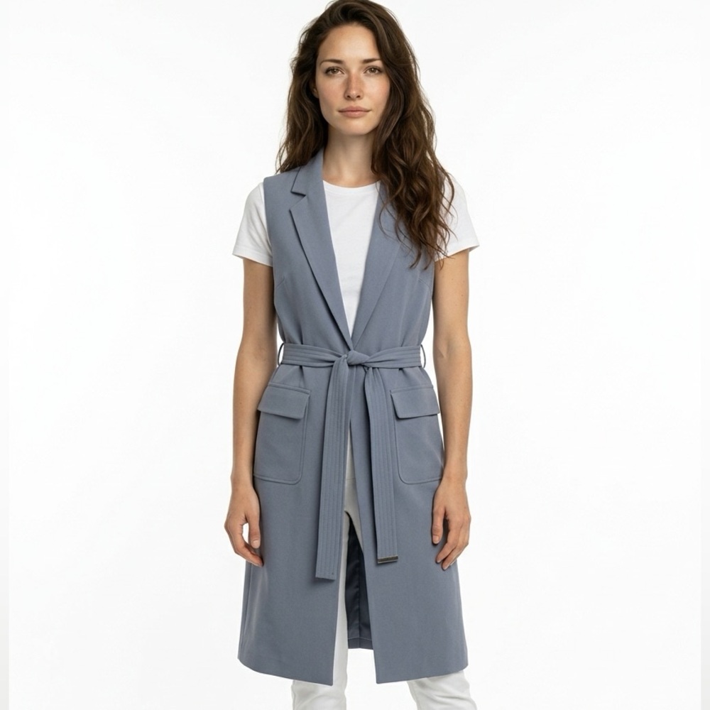 Topshop Sleeveless Longline Blazer Vest | Dusty Blue | US 6